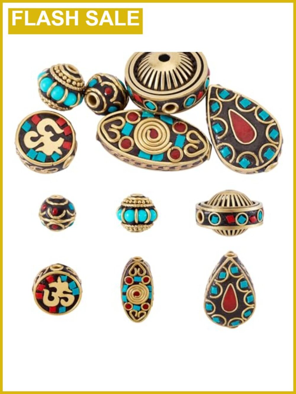 6PCS Handmade Tibetan Style Spacer Beads Brass Gold Teardrop Rondelle Oval Flat